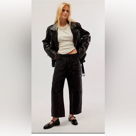 Free People The Only One Carpenter Pants Barrel Slouchy Cinch Back Band Black